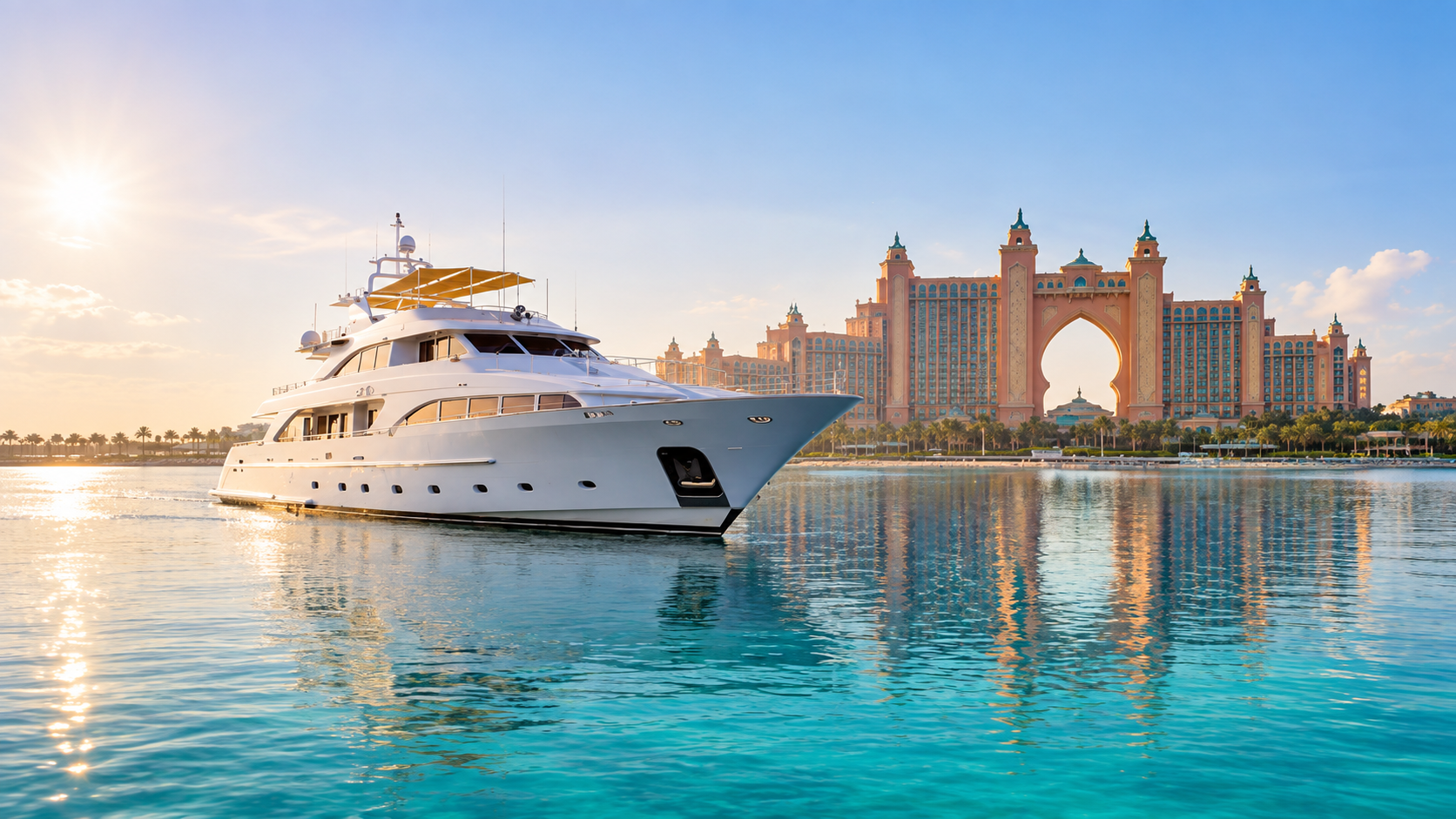 A luxury yacht on calm turquoise waters with a grand coastal resort in the distance
