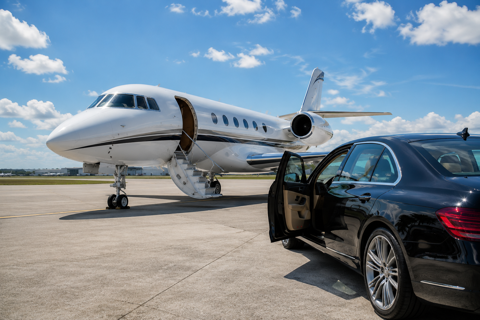 A private jet awaiting departure on the tarmac beside a luxury vehicle