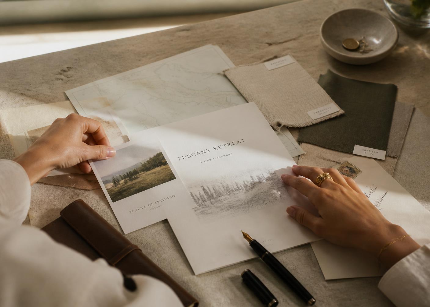 Itineraries, fabric swatches and a fountain pen arranged on a stone desk