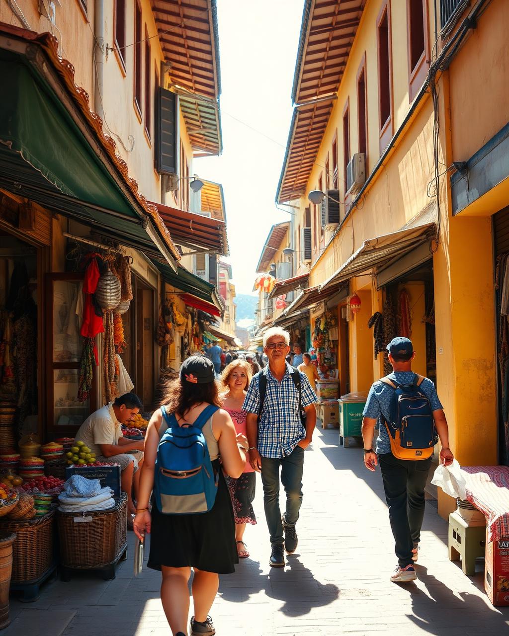 A small private group exploring a sunlit market street with a guide