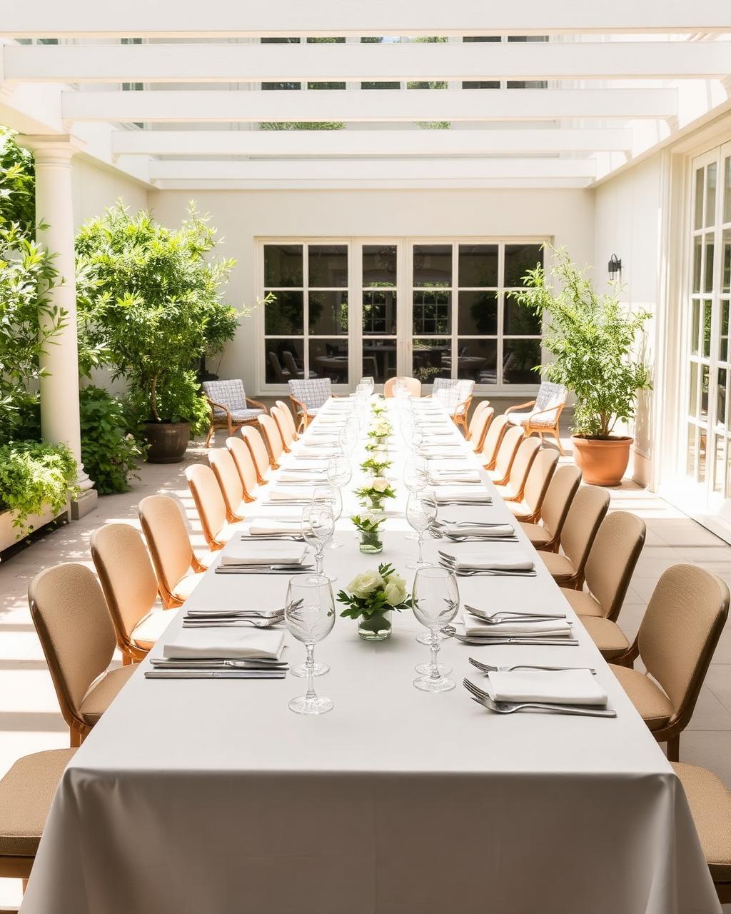 A private group table set on a sunlit terrace