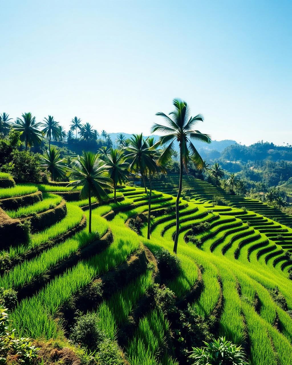 Emerald rice terraces and palms in Bali under a clear sky