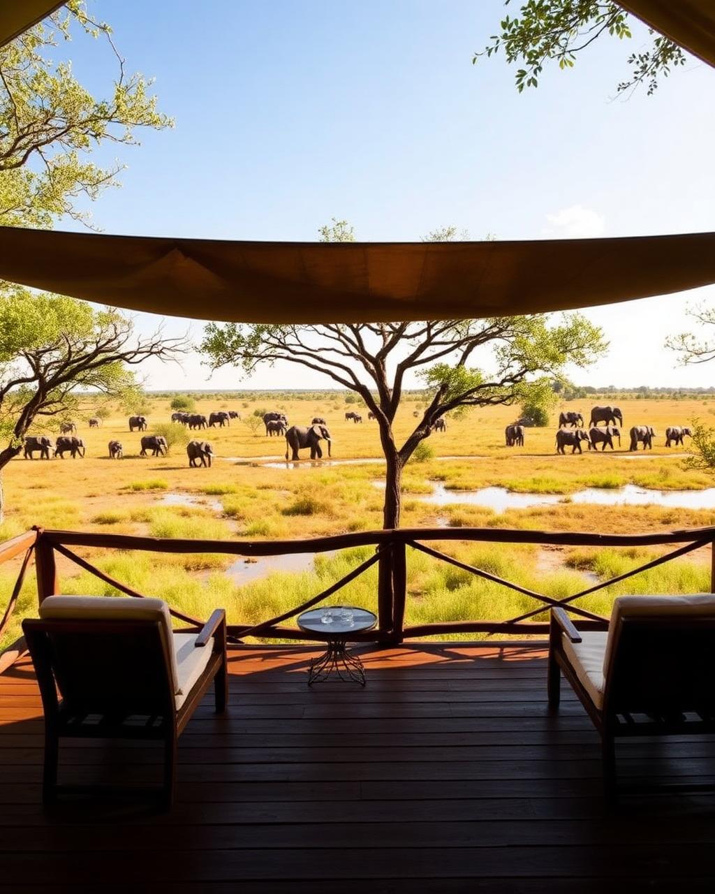 A safari camp deck overlooking elephants in Botswana