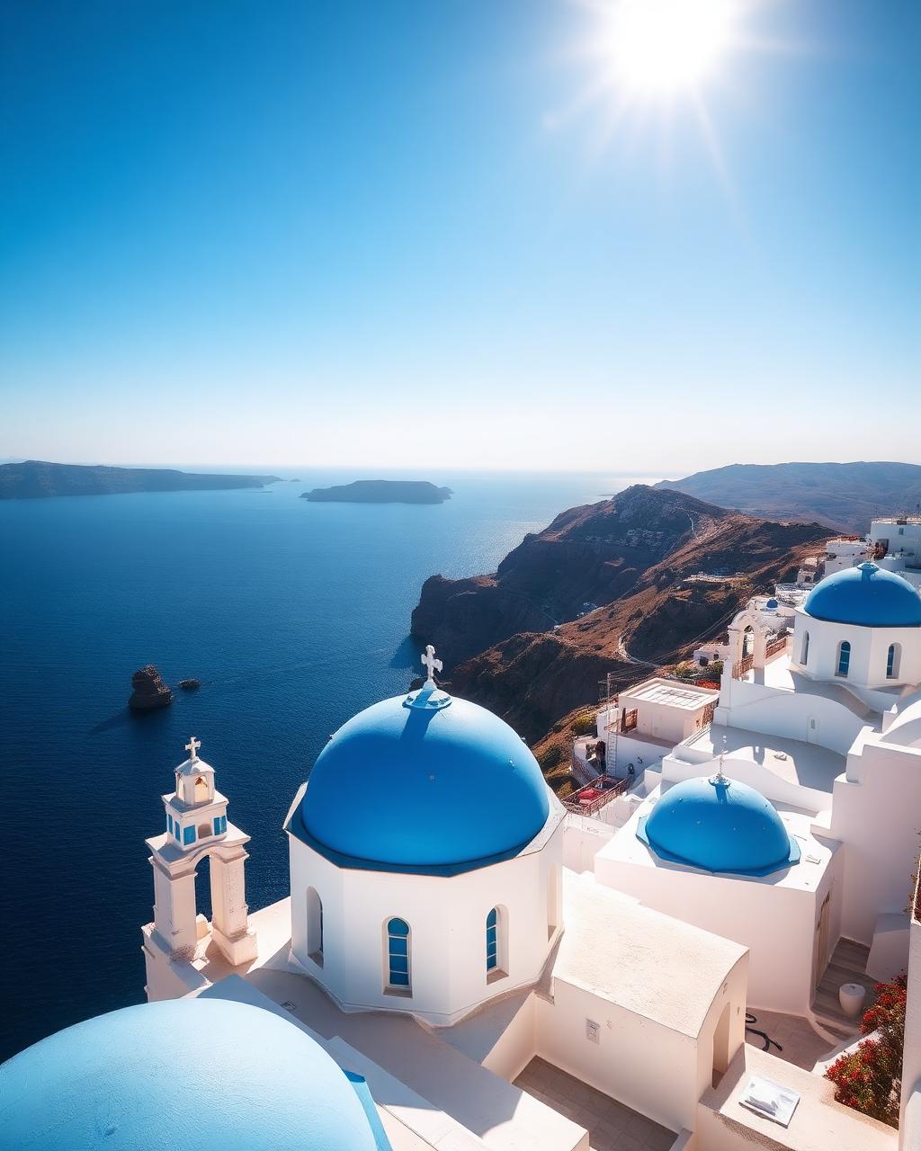 White Cycladic architecture above the deep blue Aegean Sea