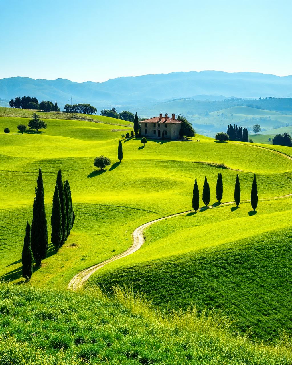 Rolling green Tuscan hills and a stone villa in bright daylight
