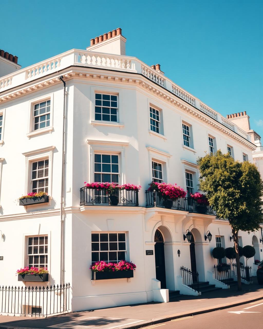 White stucco London townhouses on a clear sunny day