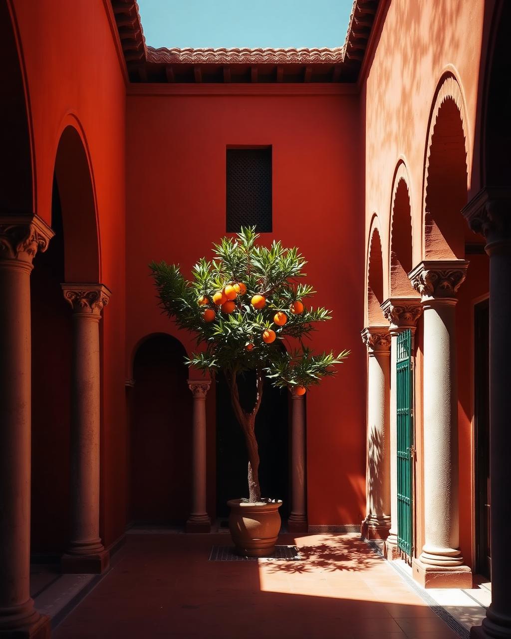 A quiet ochre riad courtyard in Marrakech