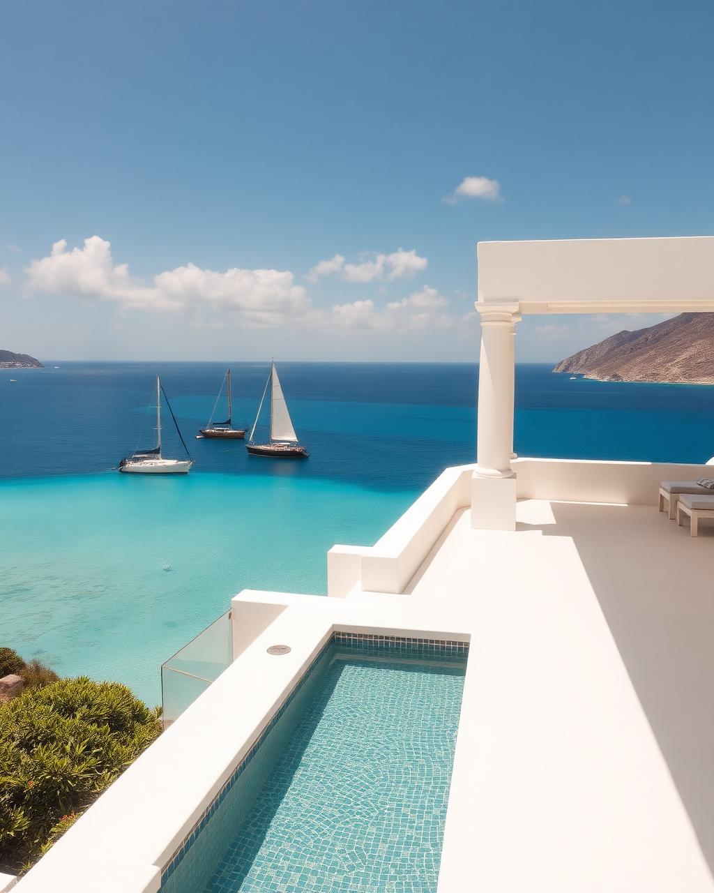 A white villa terrace above a turquoise bay in St. Barth