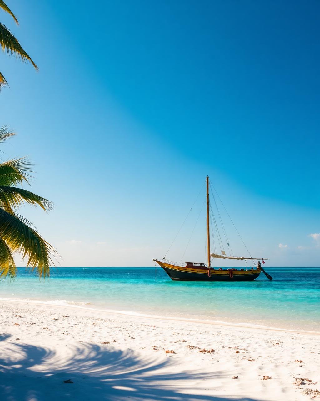 A traditional dhow on turquoise water off a white Zanzibar beach