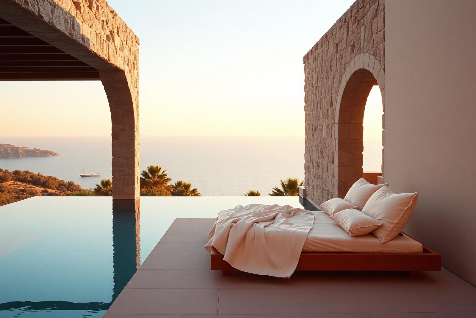 A private villa terrace overlooking the sea in bright daylight