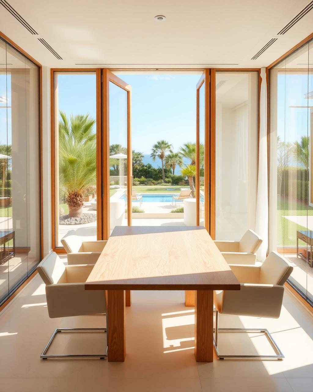 A sophisticated private meeting room opening onto a sunlit garden