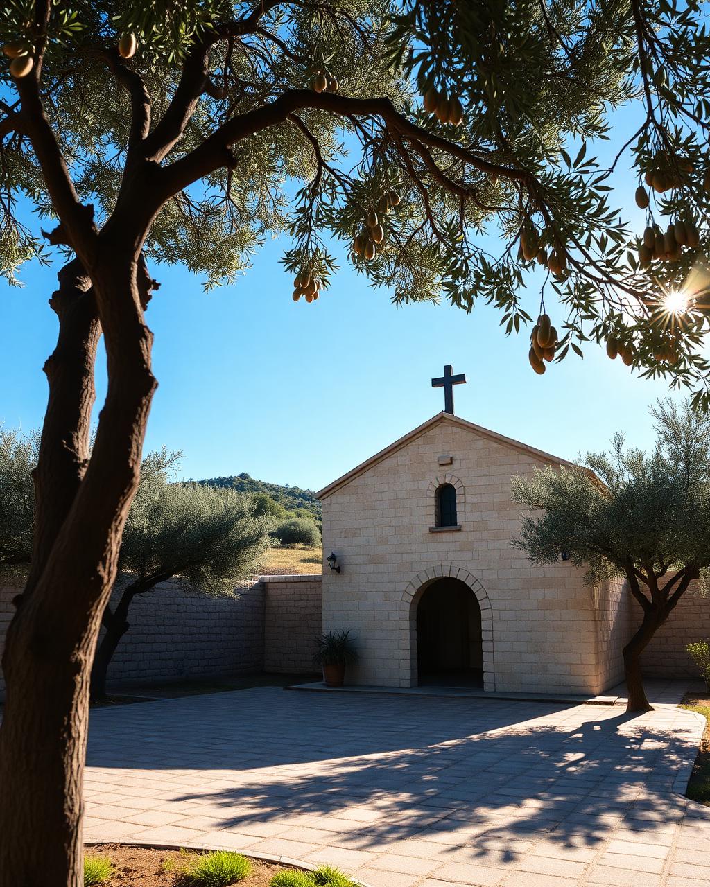 A quiet stone chapel courtyard among olive trees in bright sun