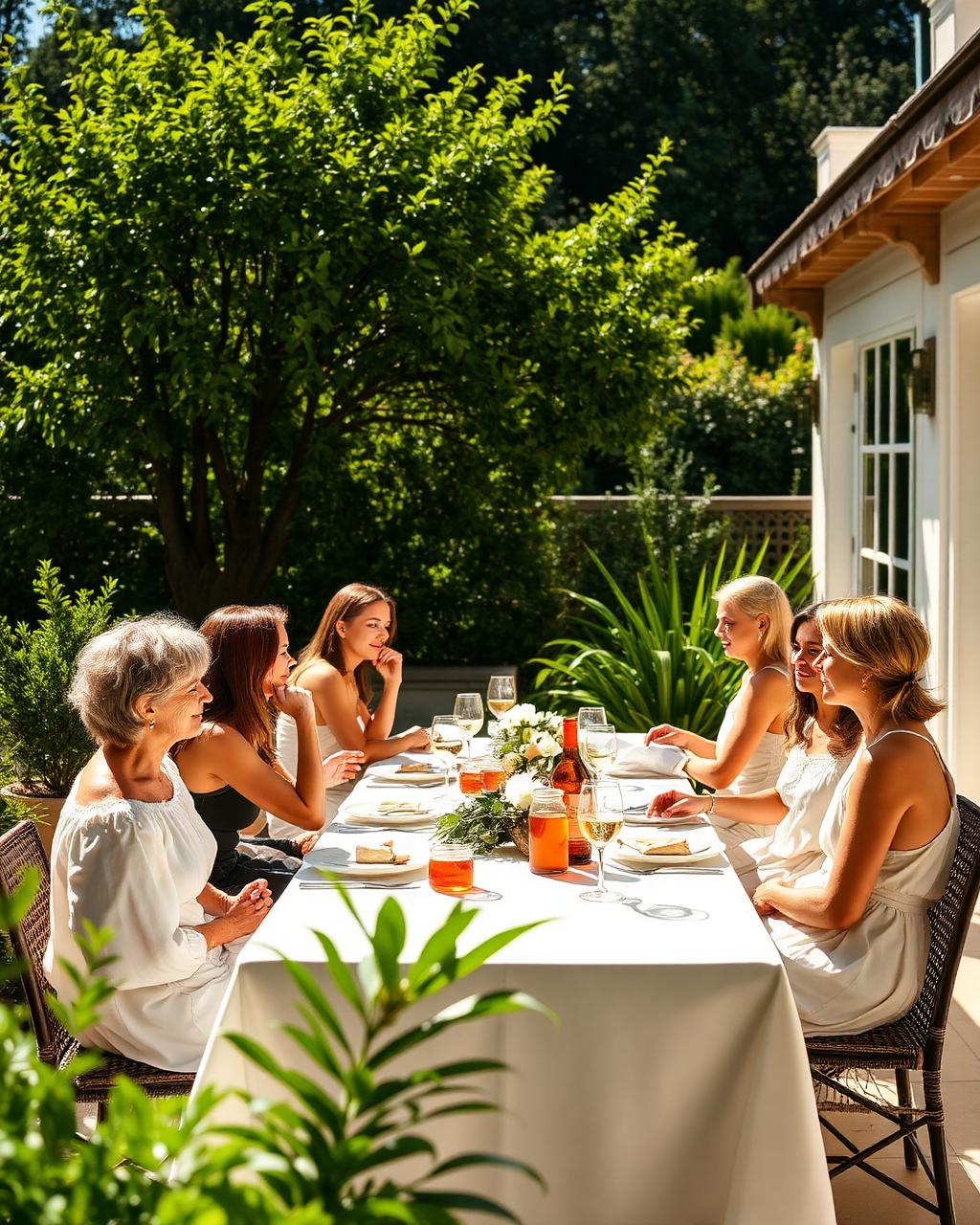 A group of women sharing lunch on a sunlit garden terrace