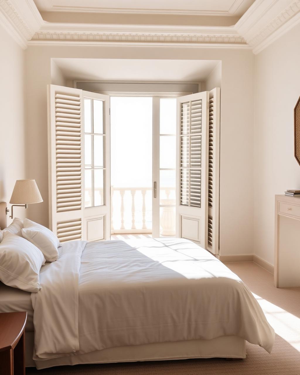 A luxury honeymoon suite with open shutters and a sea view