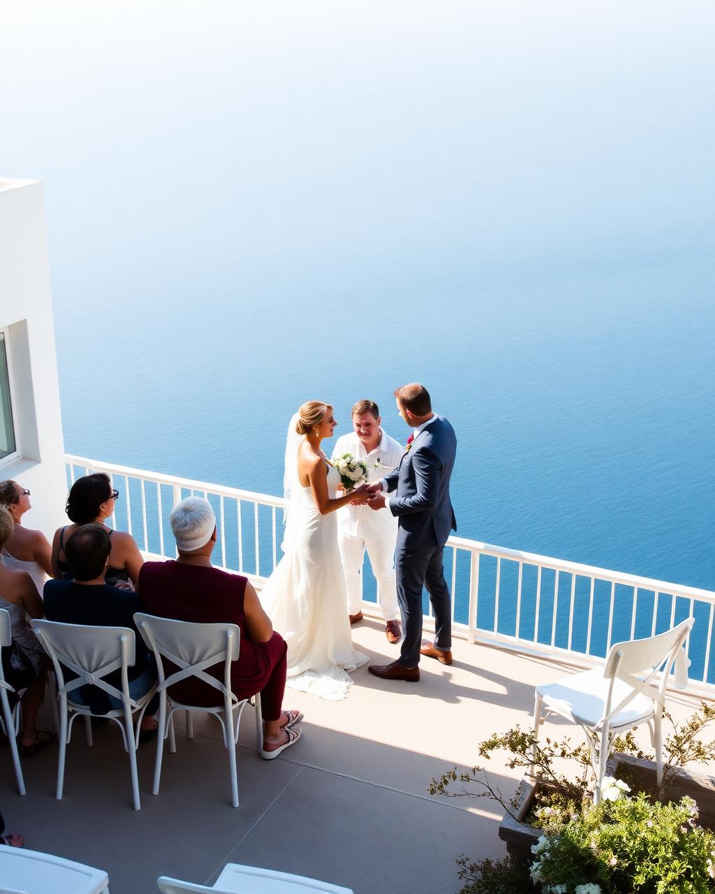 An intimate destination wedding ceremony on a clifftop terrace above the sea
