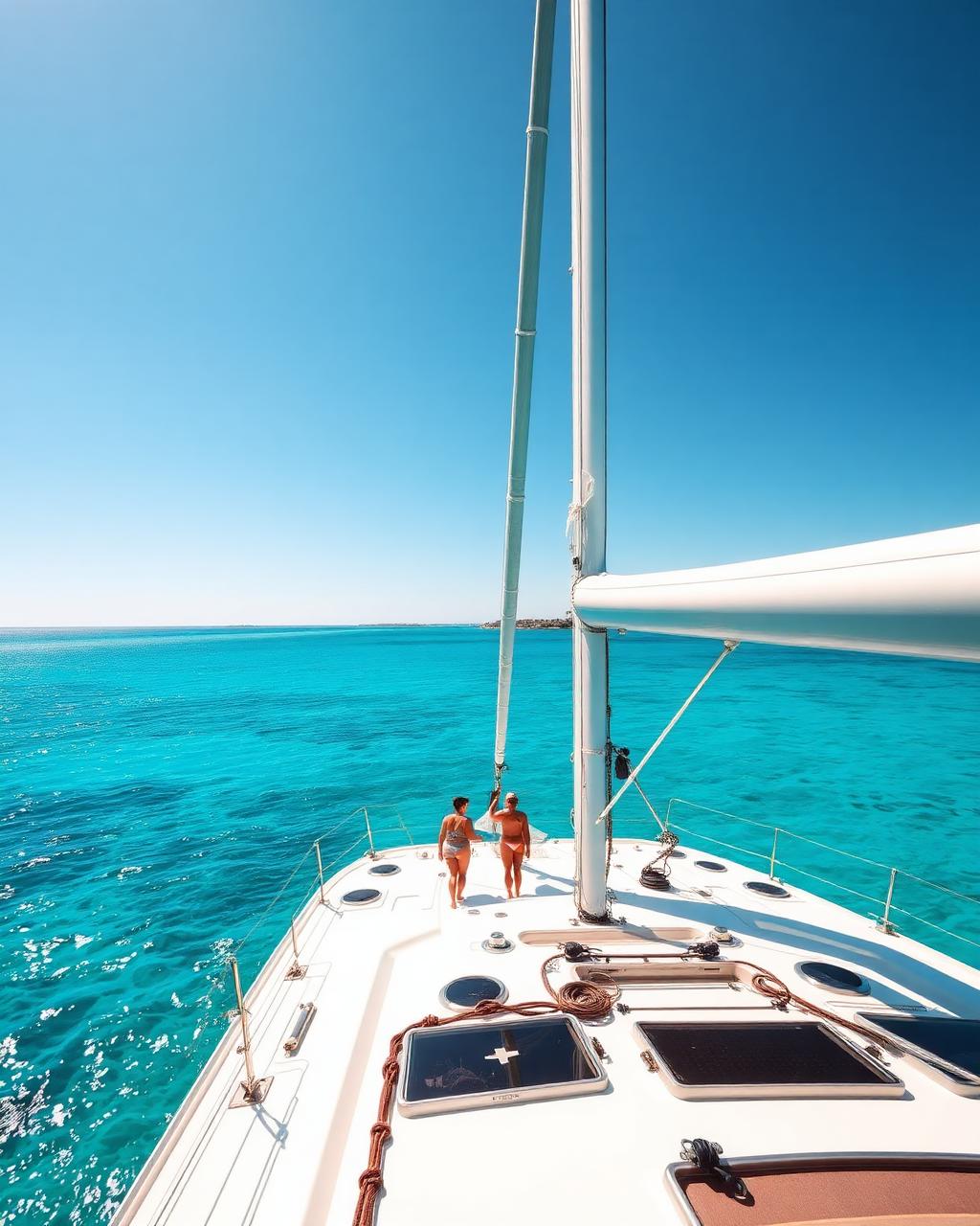 A sailing yacht anchored in a turquoise bay in bright daylight