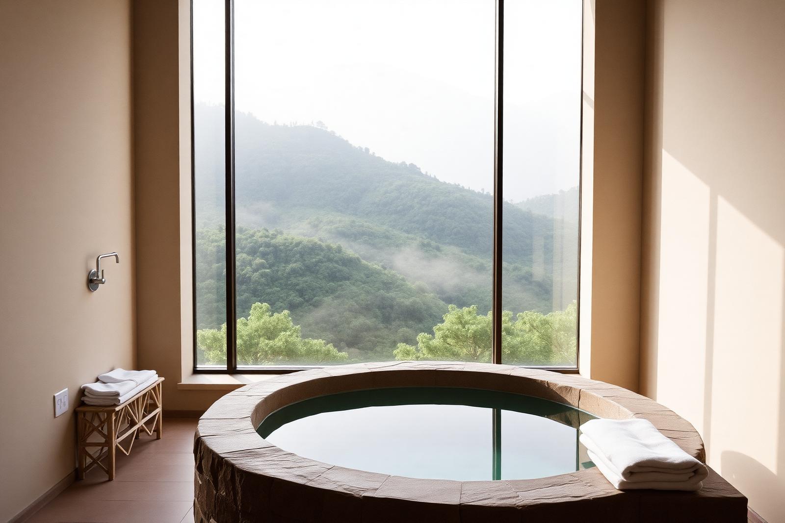 A luxury wellness resort in a green landscape in daylight